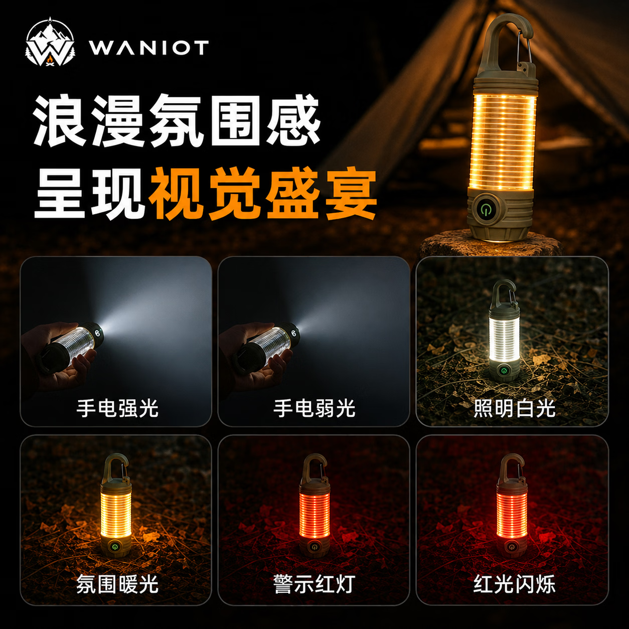 WANIOT驱蚊露营灯户外帐篷灯多功能手电筒可充电磁吸支架野营挂钩氛围灯 【标准款】二合一露营灯