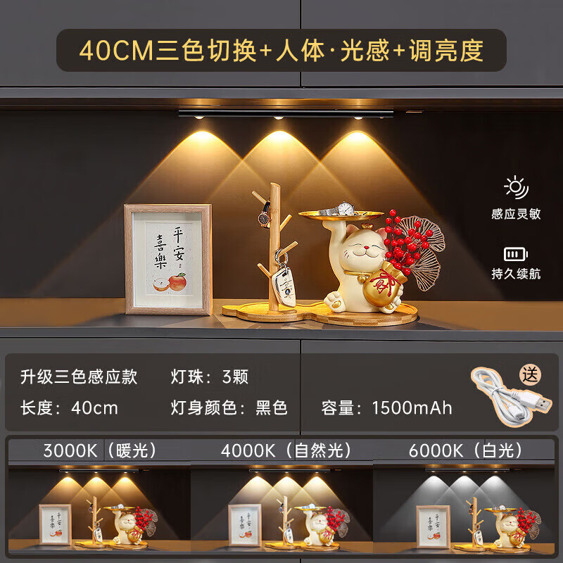 大头人创意人体感应灯猫眼山丘波纹灯条led充电玄关酒柜橱柜灯带 30cm【无需打孔、赠Type-C线】 LED