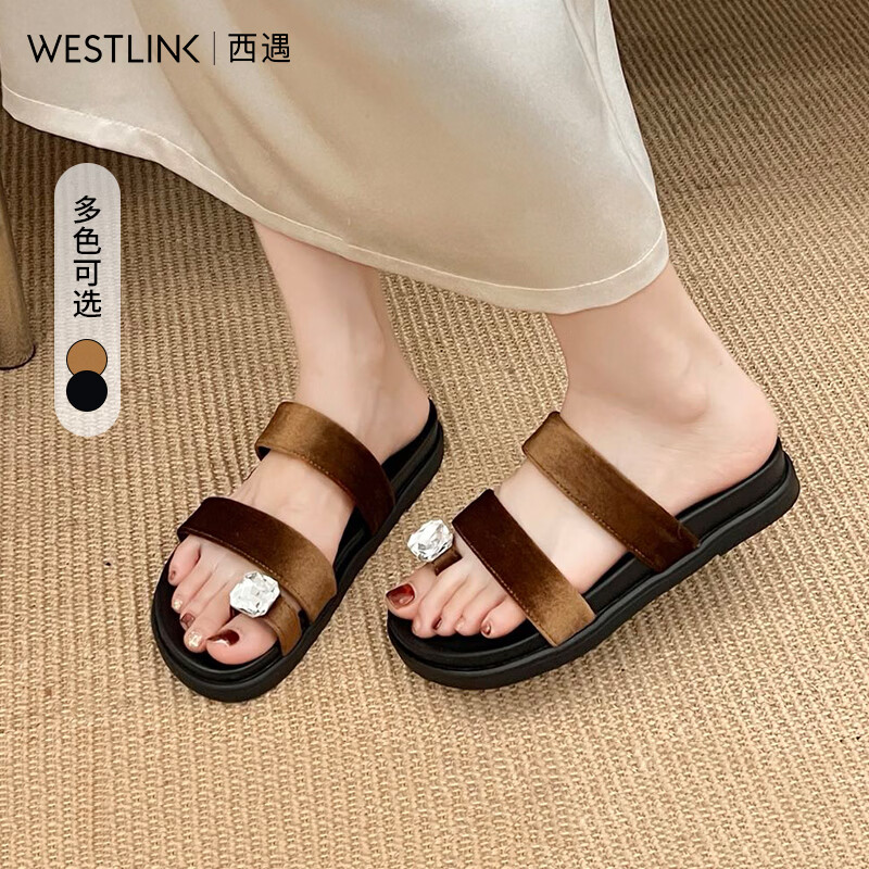 西遇（Westlink）厚底凉拖鞋女2026夏季新款丝绒闪钻套趾扣勃肯一字拖鞋女外穿 棕色 38 (240)