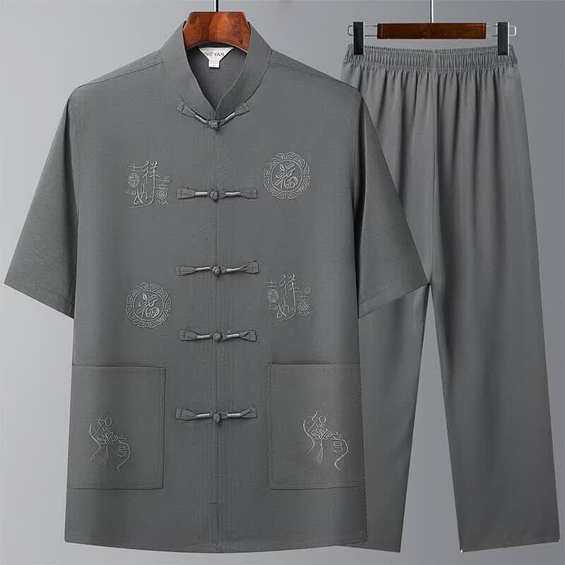 爸爸夏季短袖套装中老年人唐装男新中式中年汉服50岁爷爷60上衣服 藏青色套装 均码 44 建议190-205斤