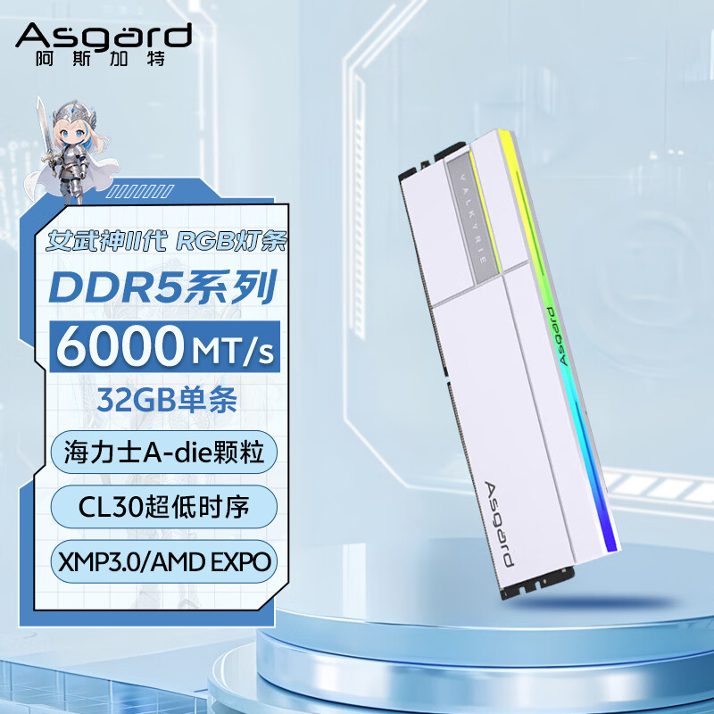 阿斯加特（Asgard）32GB DDR5 6000 台式机内存条 女武神·瓦尔基里II代 RGB灯条 海力士A-die CL30 极地白 AI电脑