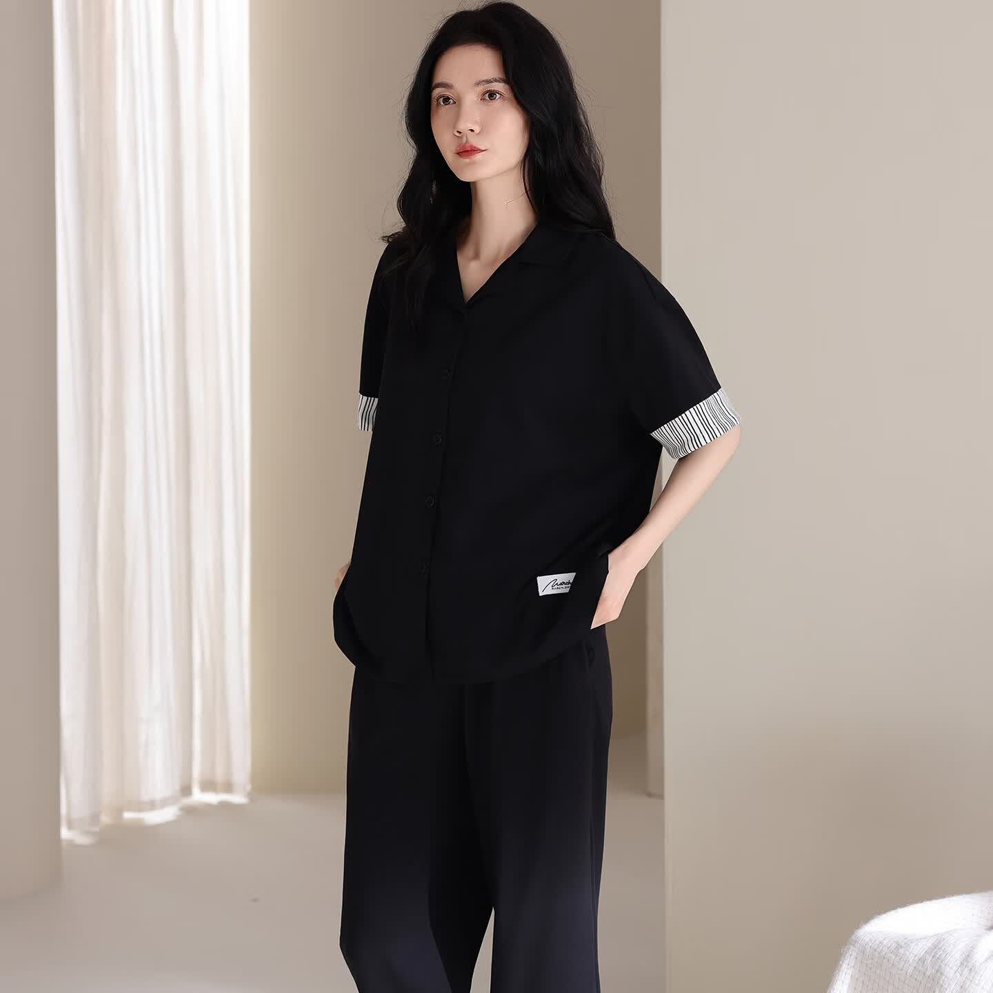 莫代尔纯棉睡衣女士2026新款夏季翻领短袖长裤可外穿宽松休闲家居服套装 5007 L 100-120斤