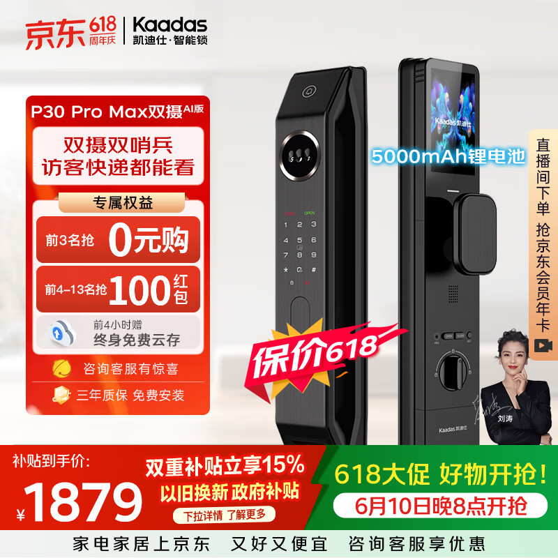 凯迪仕（KAADAS）【价保618】智能门锁密码锁人脸猫眼指纹智能锁P30ProMax双摄AI版