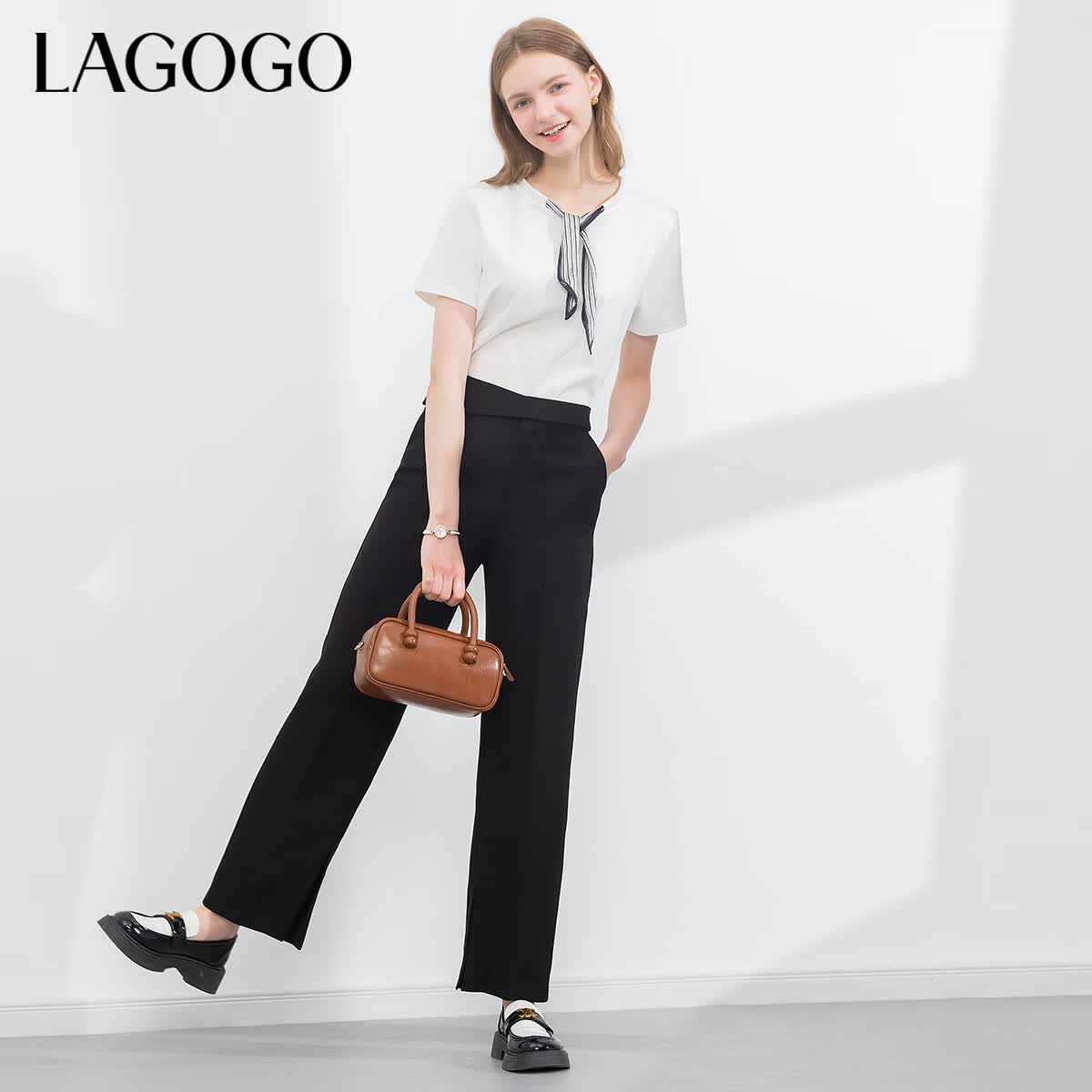 LAGOGO黑色高腰简约气质休闲裤女拉谷谷夏季新款显瘦百搭直筒裤子 黑色(W1) S
