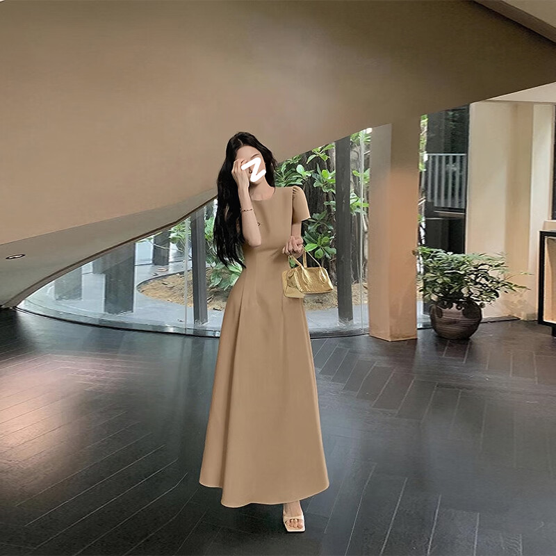 GARNUO蓝色短袖连衣裙女夏季2026新款法式高级感气质礼服裙收腰显瘦长裙 蓝色【短袖长款】 M 【101-110斤】