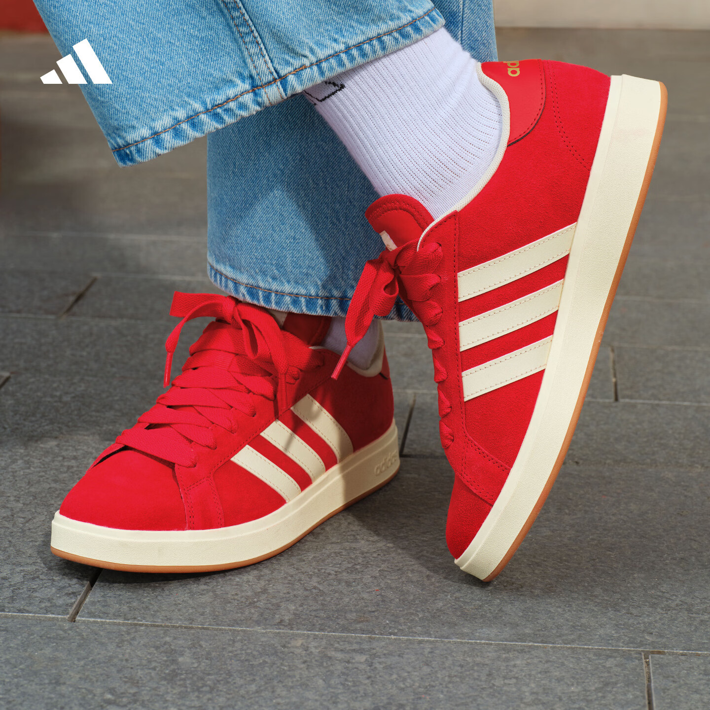 adidas「面包鞋」GRAND COURT BASE 00s板鞋男女阿迪达斯轻运动   浅猩红/暖香草色/树脂黄   42