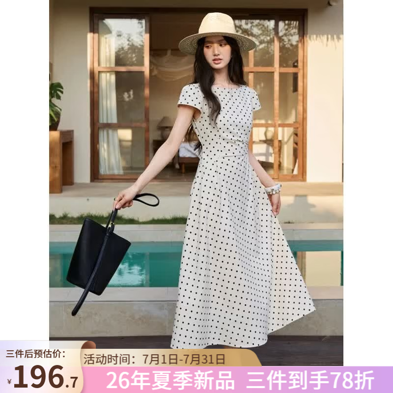 谜秀法式波点连衣裙女2026夏季新款A字裙收腰浪漫长裙短袖小个子裙子 甜杏 【短袖长裙】 L