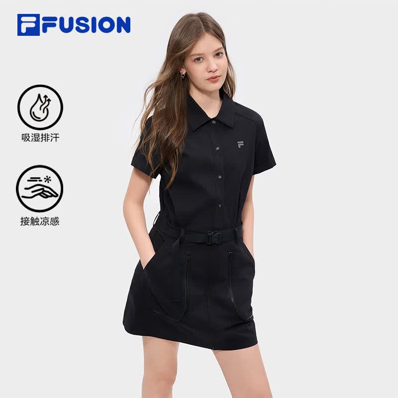 FILA FUSION斐乐潮牌女子梭织连衣裙2026夏季新款休闲凉感衬衫裙 正黑色-BK M 165/84A/M