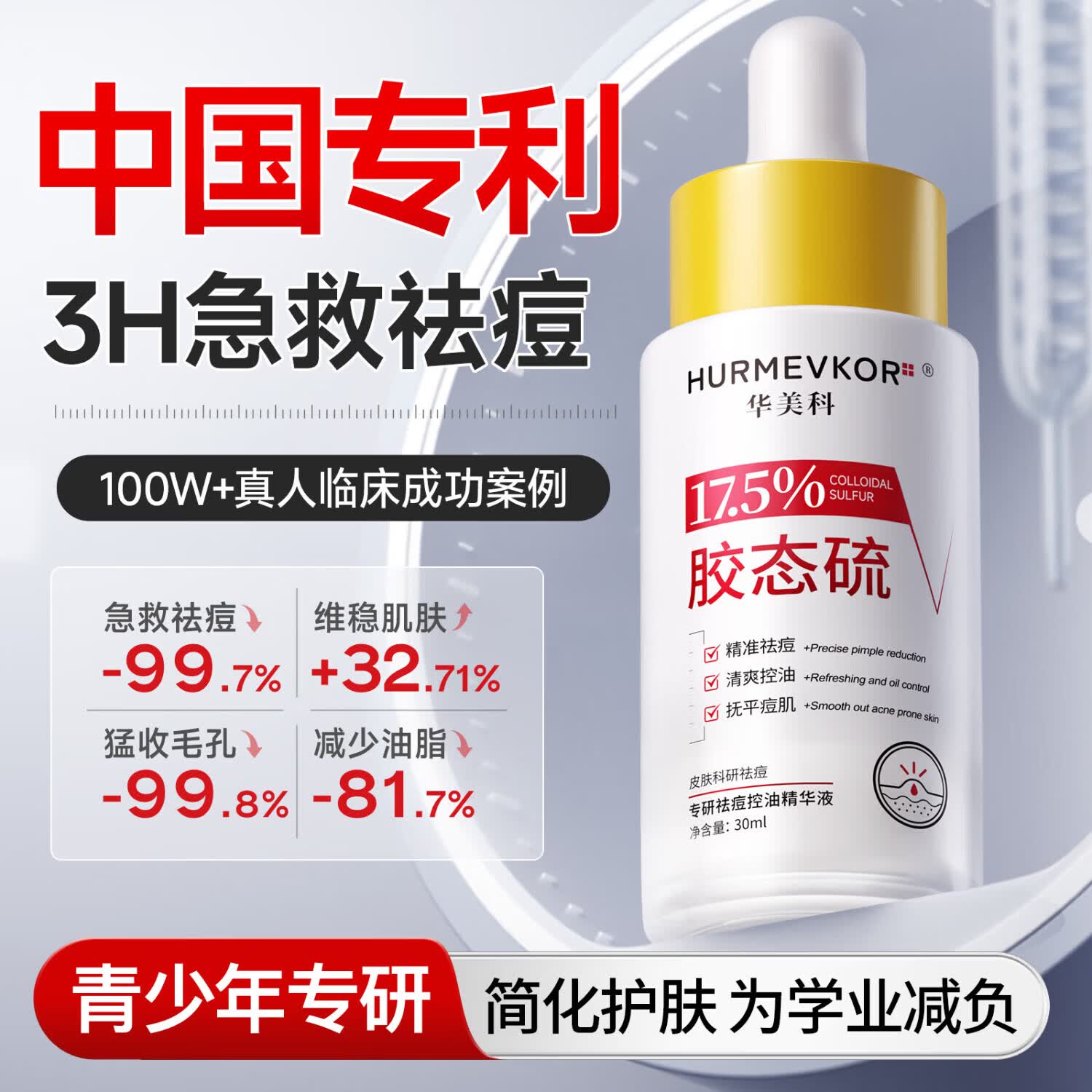 华美科17.5%胶态硫祛痘精华液淡化痘印修复去闭口粉刺收缩毛孔青少年1盒