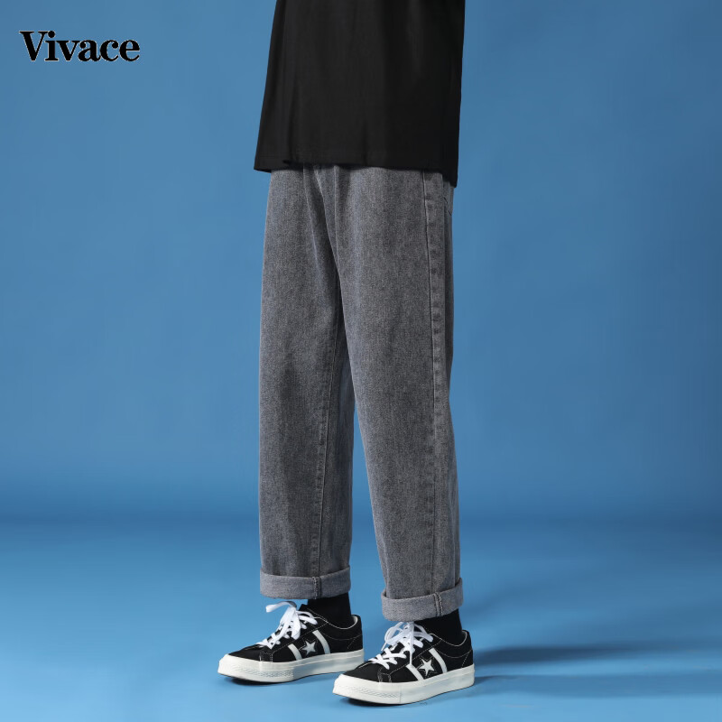 Vivace 高品质春夏季棉牛仔裤子男宽松直筒裤垂感港风潮流裤子 中蓝色 【单件】 M