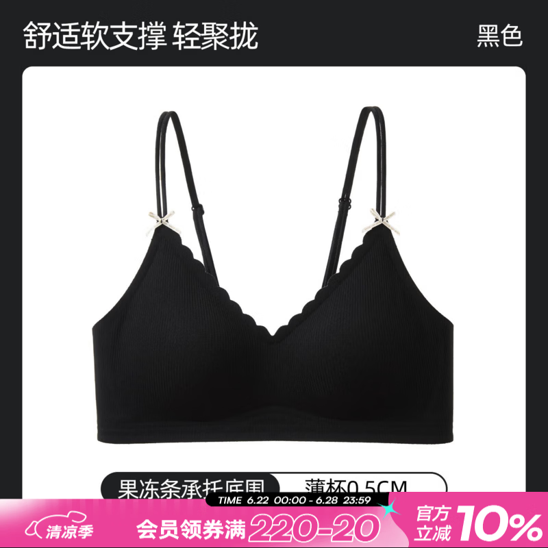 六只兔子无钢圈内衣女小胸聚拢胸罩侧收副乳果冻条软支撑无痕文胸 黑色 M 70AB/75AB