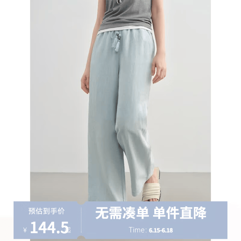 独束大码女装简约大气休闲裤女夏季薄款天丝亚麻宽松慵懒风直筒裤 清水蓝 L （尺码：2）
