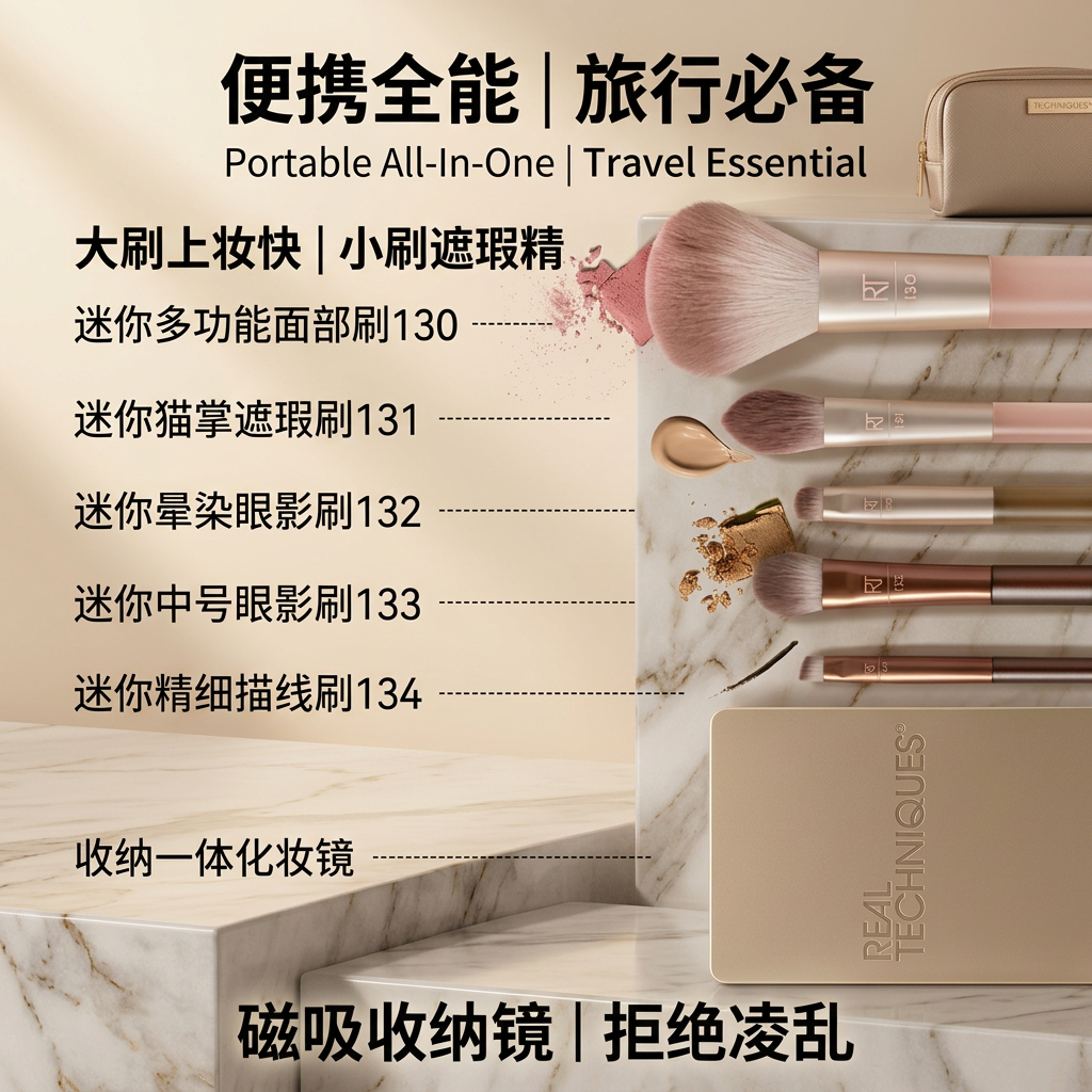 real TechniquesRT奶咖便携收纳化妆刷套装正品便携迷你眼面小套刷带镜子上妆刷 奶咖系 光彩化妆刷收纳装 1件 赠清洗液30ml*1