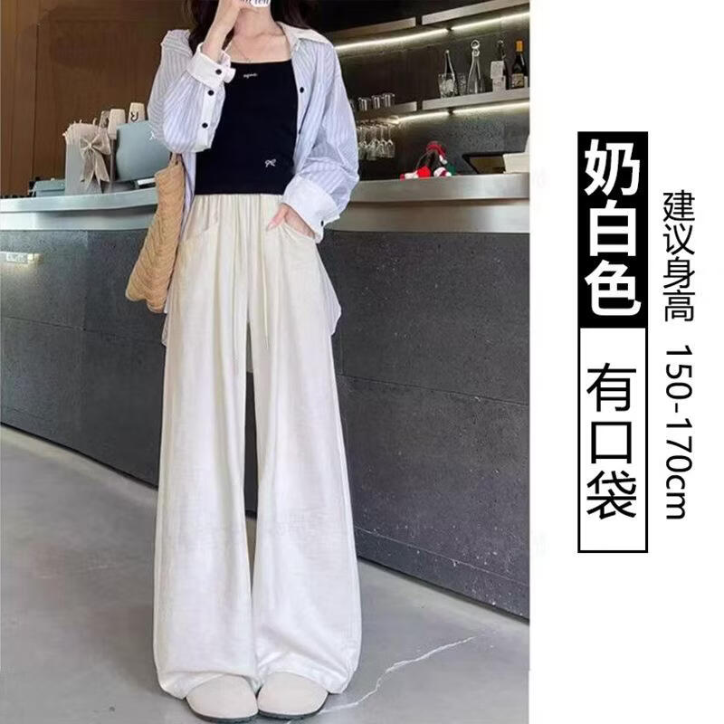 BURQAMARCH奶芙云朵裤肌理感山本阔腿裤女夏季宽松高腰垂感冰丝弯刀直筒裤子 米白色 M 【适合95-110斤】