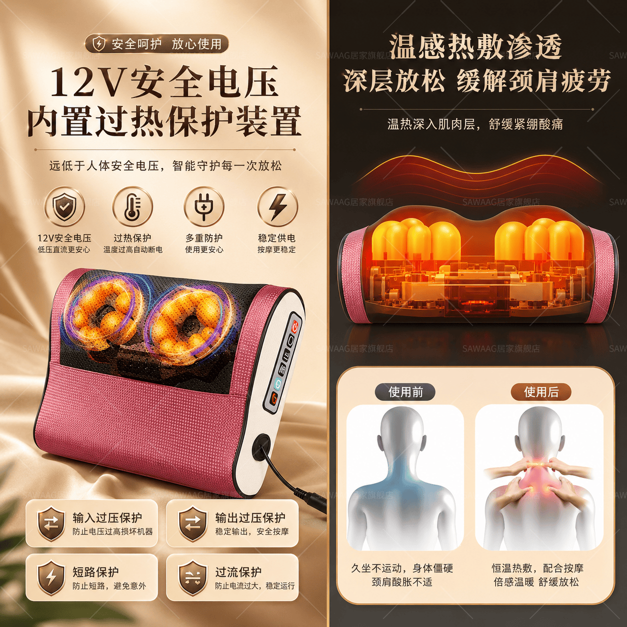 SAWAAG德国按摩枕头部颈椎按摩器肩颈腰部睡觉专用按摩仪腰部颈椎一体全自动揉捏多动能全身仿真人手按摩 深海蓝【升级6键热敷】自动定时/三档力度/深度揉捏 【20头正反揉捏 红光热敷】