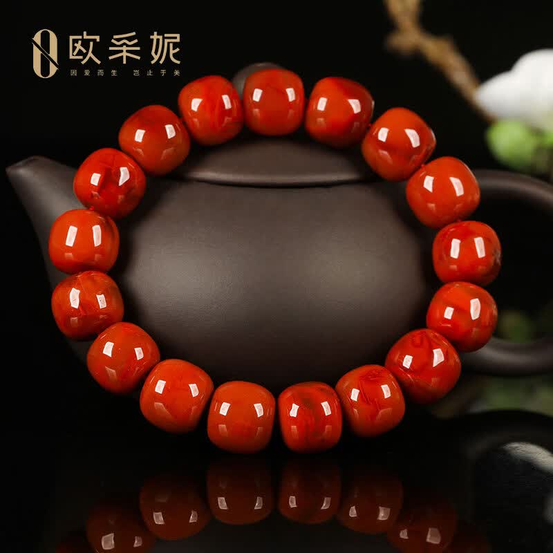 欧采妮(OUCERNY)南红手串收藏级天然凉山妖花牛血红火焰纹玛瑙大桶珠手链本命年 天然南红 一物一证 京东折扣/优惠券