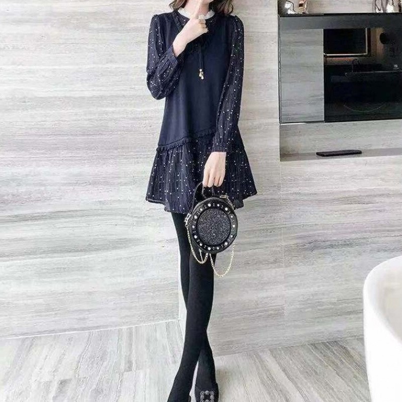 莎妮朵罗胖人女装显瘦款连衣裙新品春秋款雪纺衫长款遮肚子T恤15283 深蓝色 2XL建议120-140斤穿着