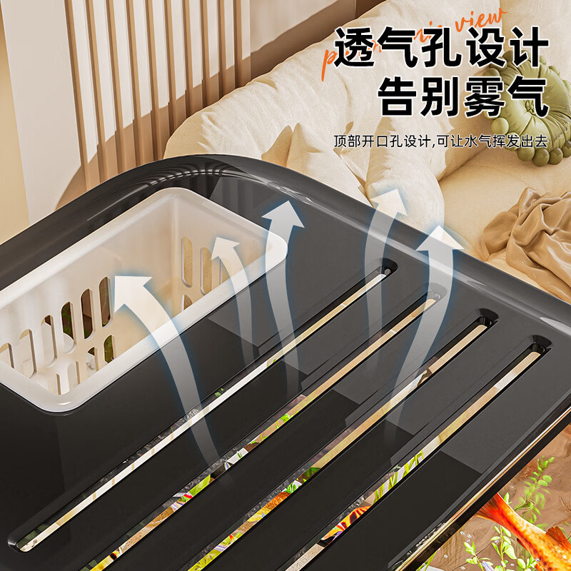 沐鸣带盖鱼缸跨境客厅家用造景透明生态缸桌面乌龟缸感塑料水族箱 【轻奢款-带爬架+造景+增氧泵】棕色