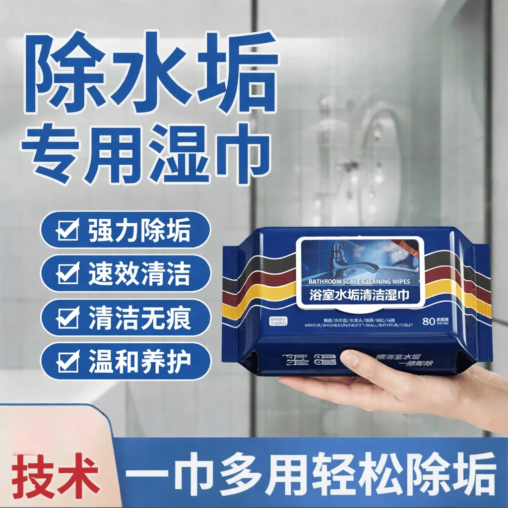 【强力清洁】浴室湿巾水垢清除玻璃水龙头瓷砖洗手池水垢污渍A22 2包装【热卖】家庭清洁必备