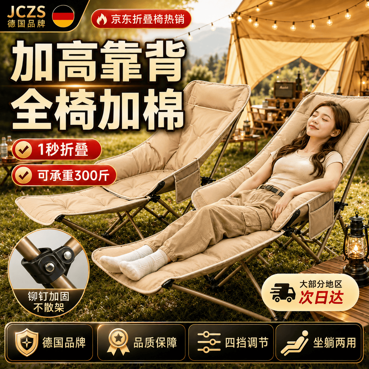 JCZS德国户外可调节折叠椅办公室露营午休可坐可躺椅午休带腿拖月 磨砂黑高靠背月亮椅【不可调节】