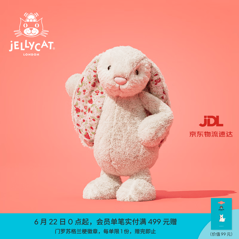 Jellycat花布邦尼兔动物毛绒玩偶兔子玩偶儿童娃娃送礼生日礼物 白芮（乳白色） Small