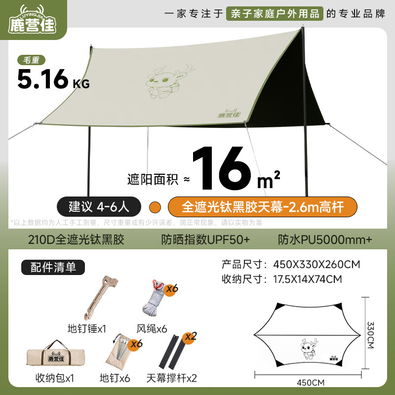 鹿营佳星辰天幕户外钛黑胶专业防晒沙滩遮阳棚露营装备遮阳伞防雨水天幕 6角16平方