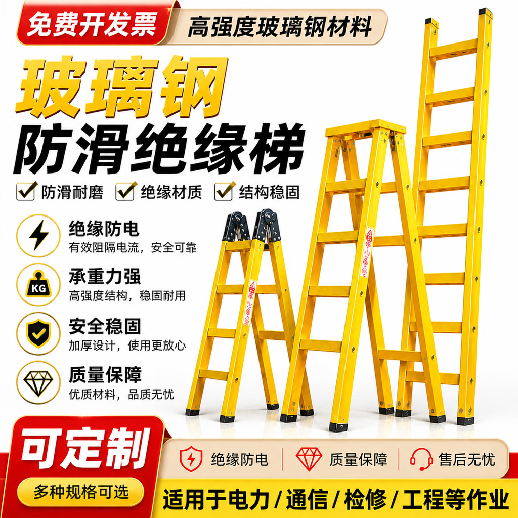 冀奥达玻璃钢绝缘梯子电工梯专用加厚人字梯关节梯单梯直梯可检测 玻璃钢加厚绝缘电工梯 2.5米人字梯包邮