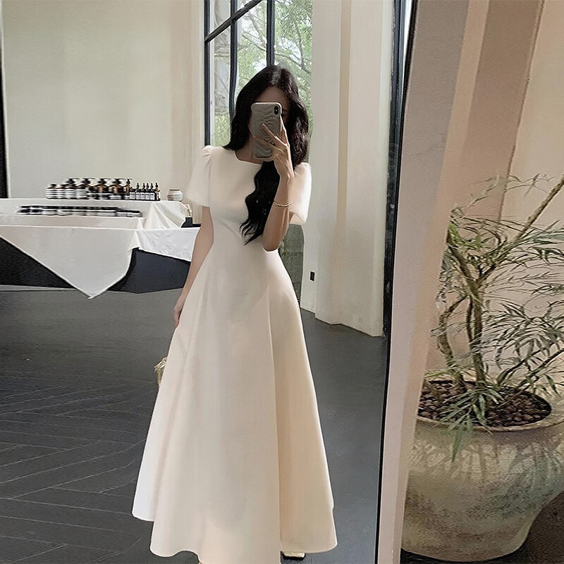GARNUO粉色短袖连衣裙子女2026夏季新款法式高级感气质礼服收腰显瘦长裙 白色【短袖长款】 S 【80-100斤】