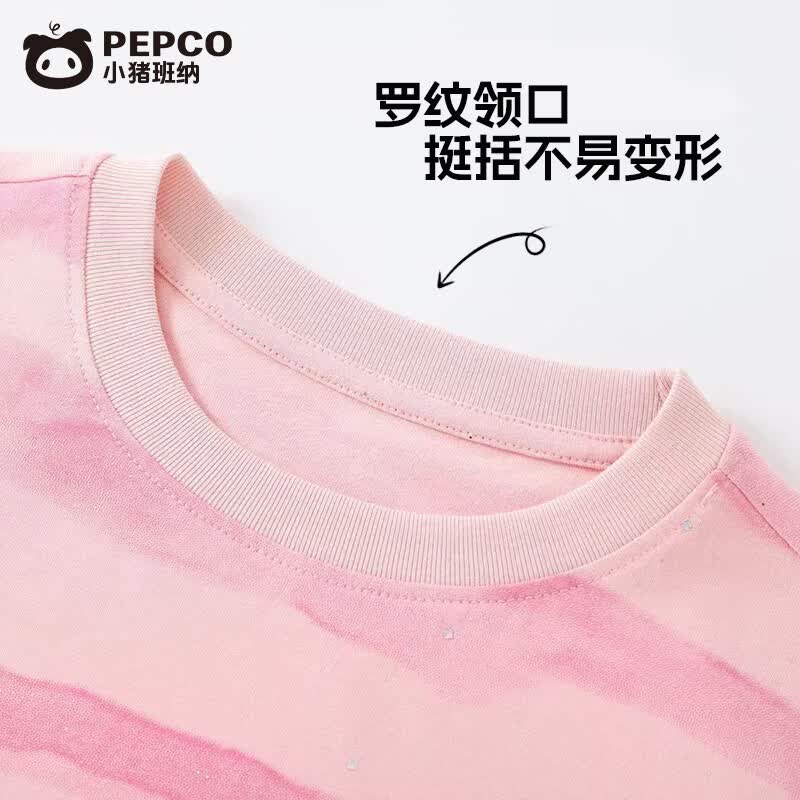 小猪班纳女童套装纯棉条纹t恤短裤夏季蜡染短袖上衣渐变中大童条纹闪亮片 渐变亮片蜡染条纹粉色蝴蝶结套装 160