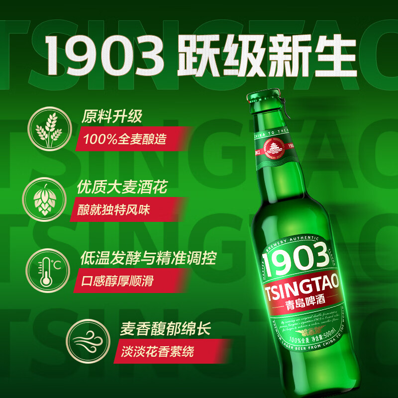 青岛啤酒(TsingTao)1903 全麦精酿啤酒 原麦汁浓度9°P 箱啤 500mL 12瓶