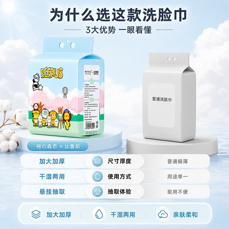 棉森态洗脸绵柔巾加厚加大珍珠纹抽取式安全便捷家用洗脸巾一次性洗脸巾 比鲁斯洗脸巾100抽 //2提