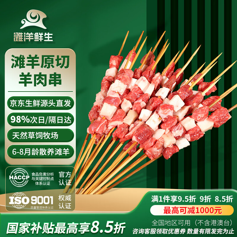 滩洋鲜生宁夏滩羊 原切羔羊肉串60串（净重约2.4斤）烧烤食材清真手工串制