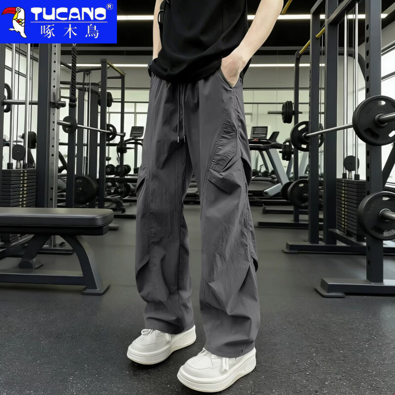 啄木鸟休闲裤男2026夏季新款美式高街工装裤子男青少年宽松百搭直筒长裤 深灰色 XL 建议130-150斤