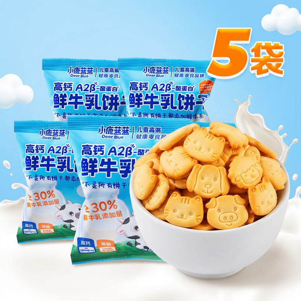 小鹿蓝蓝高钙A2β-酪蛋白鲜牛乳动物饼干100g含5袋儿童饼干宝宝零食