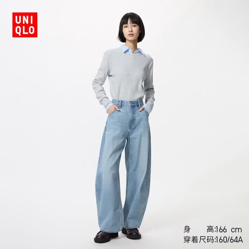 优衣库宽松廓形牛仔裤/常规款女装男装弯刀镰刀裤子479000 482280 482280/64湖蓝色(做旧设计) 25 /160/64A