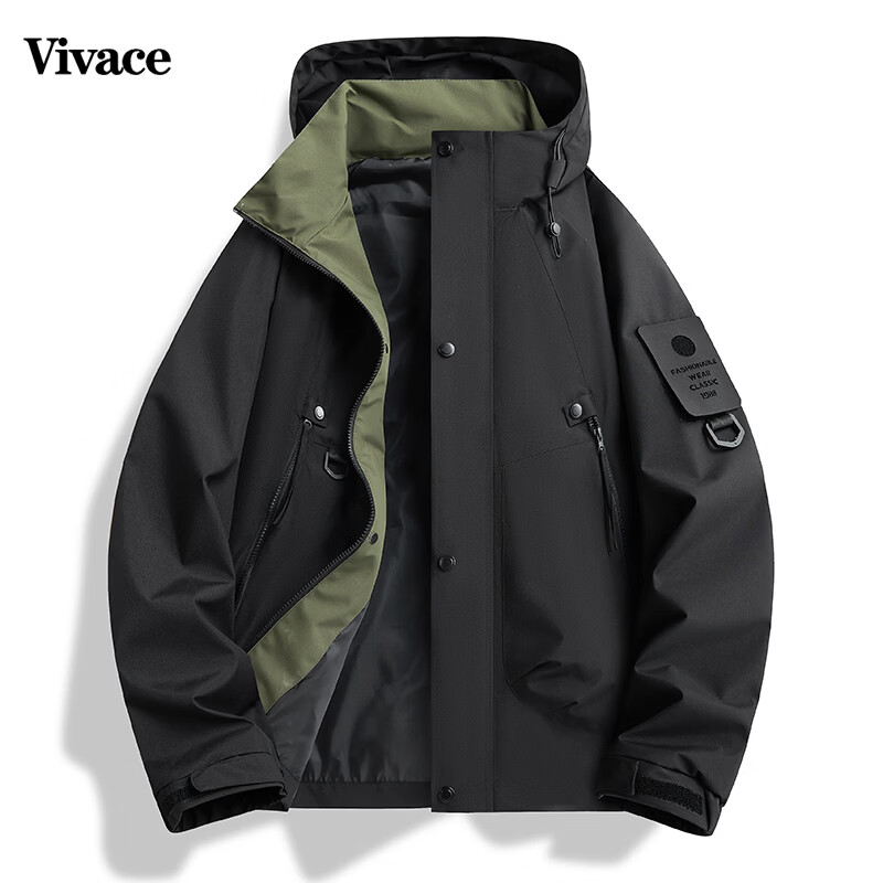 Vivace 春季新款工装夹克连帽外套男冲锋衣男宽松休闲情侣款 黑色 M