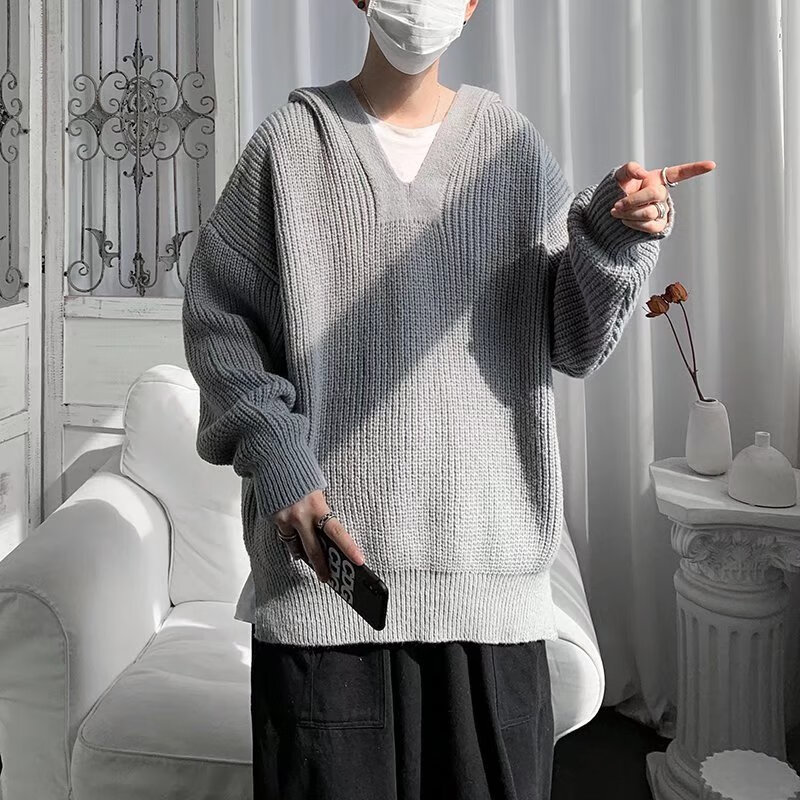 angelgonzales男士高档连帽毛衣男夏冬新款ins日系慵懒开衩套头针织衫