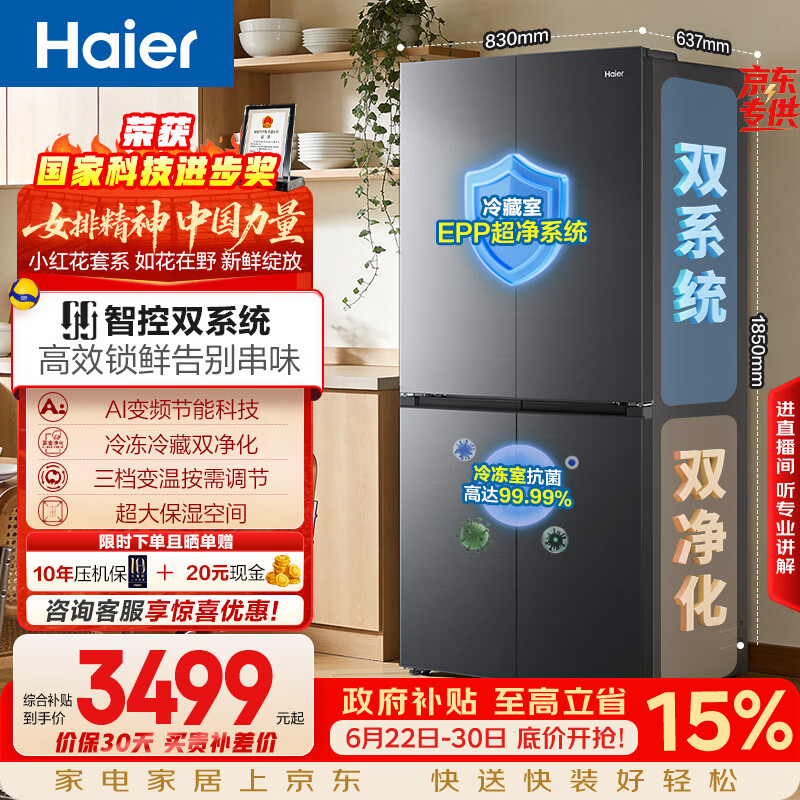 海尔「小红花系列」548L十字门冰箱双系统双净化0串味99.99%除菌变温空间BCD-548WGHTDC9FSU1国家补贴