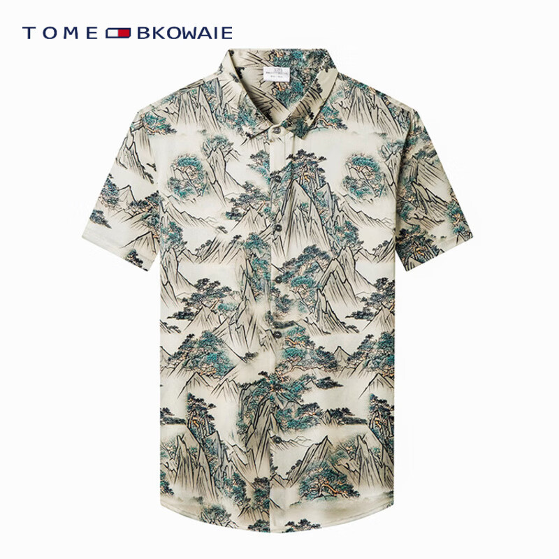 TOME BKOWAIE汤米真丝衬衫男装夏天新款印花真丝绸缎高端潮牌青中年短袖衬衣男 米白色 3XL