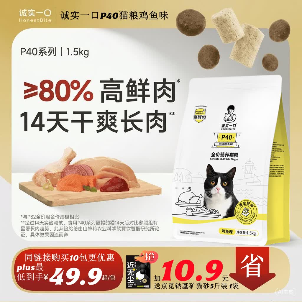 诚实一口P40鸡鱼猫粮1.5kg*6包 277.9元，诚实一口p32猫粮1.5kg*6包 249元 - 86线报