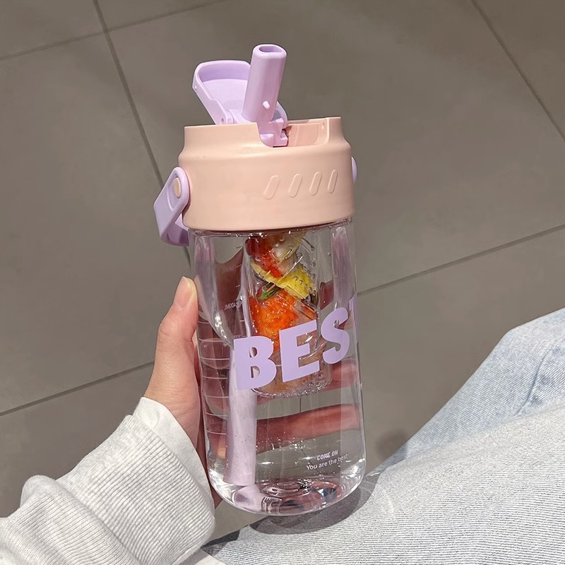 大容量水杯高颜值吸管杯花茶女生学生便携茶水分离塑料杯子小众 提手粉色 600mlPC材质