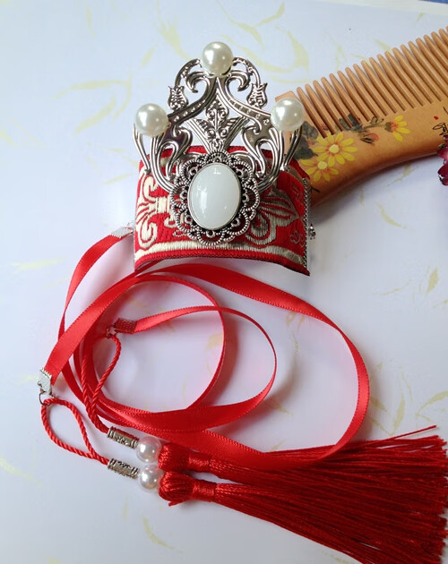 带武侠电视剧古装饰男女束发发冠发扣冠动漫红色古风穗子绑 仿白玉钻