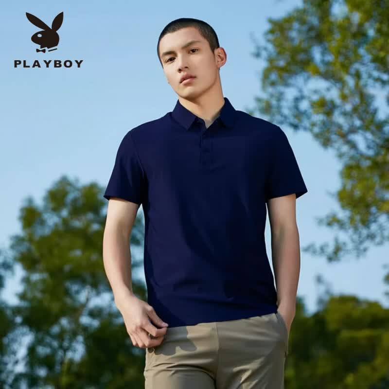 花花公子(PLAYBOY)冰丝无痕POLO衫夏季薄款情侣短袖轻奢休闲透气凉感速干锦纶t恤男 深灰色冰丝短袖 5XL (180-200斤)
