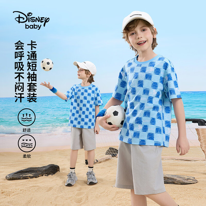迪士尼（Disney）童装男女童运动套装夏新款跑步儿童短袖休闲两件套夏款上衣短裤 蓝底米奇格纹-纯棉 110 高105-115cm重30-40斤