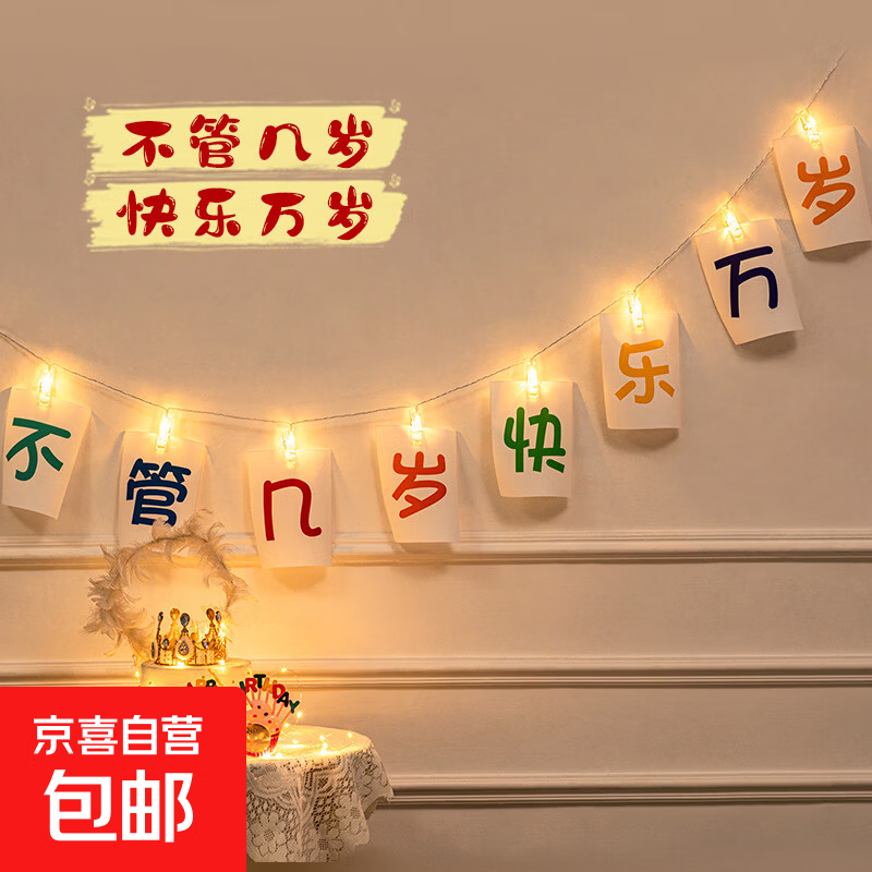 生日蜡烛灯条气球拉旗贺卡礼袋蛋糕插件派对氛围感装饰搭配套装 快乐万岁生日灯条套装*1套