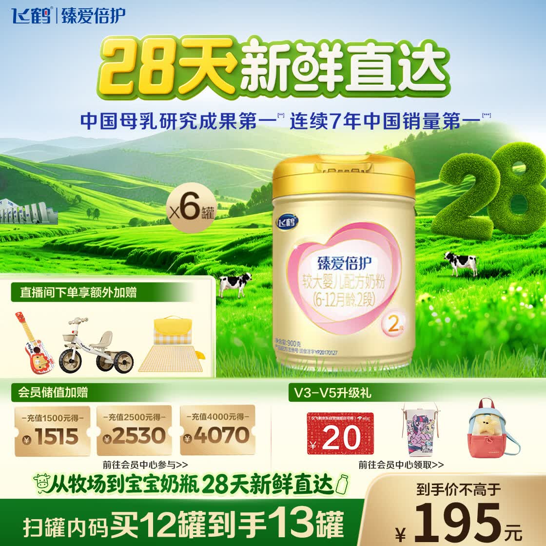 飞鹤臻爱倍护超级飞帆2段 婴幼儿配方奶粉(6-12月)900g*6乳铁蛋白28天