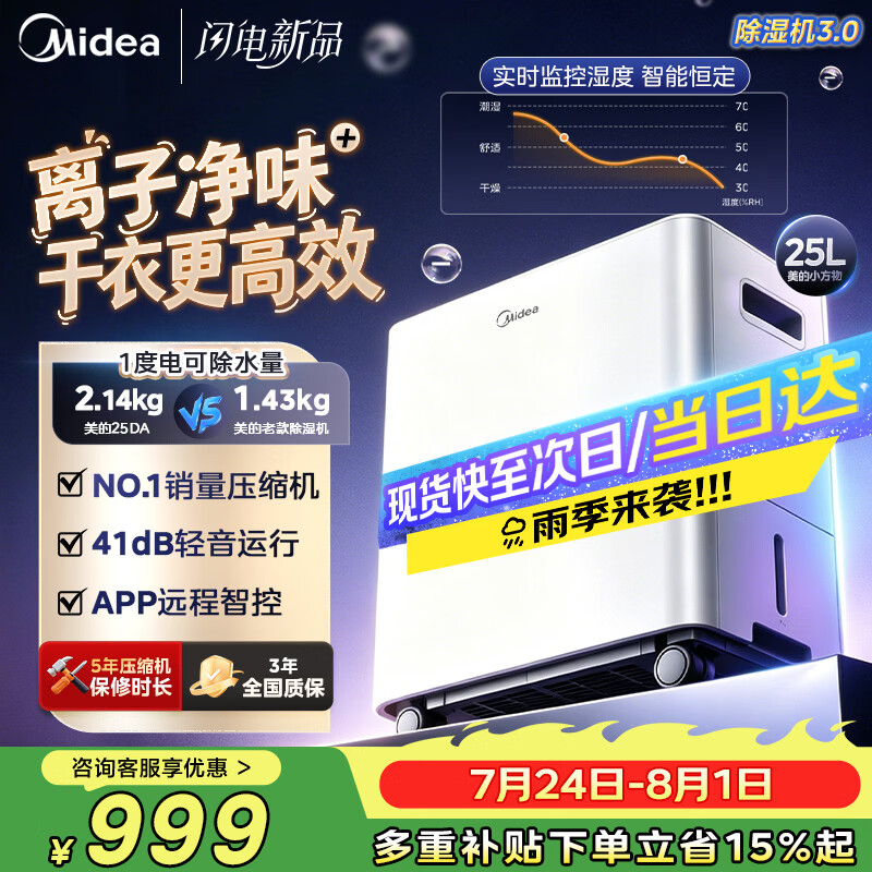 美的（Midea）小方物除湿机/抽湿机25L/天美芝压缩机正负离子净味家用除湿器45㎡干衣CF25BS/DA(支持鸿蒙智联)
