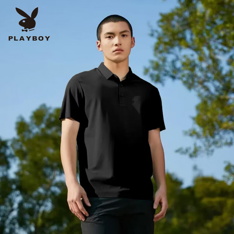 花花公子(PLAYBOY)冰丝无痕POLO衫夏季薄款情侣短袖轻奢休闲透气凉感速干锦纶t恤男 深灰色冰丝短袖 5XL (180-200斤)