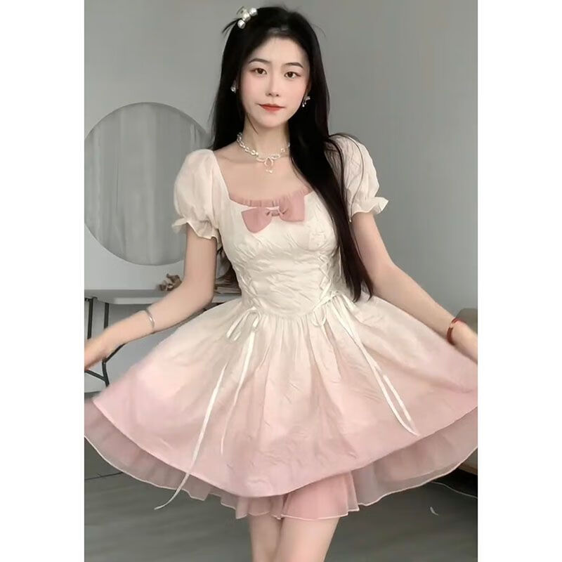 索涉(suoshe)少女学生夏天穿的法式蕾丝连衣裙初恋蝴蝶结系带超仙公主