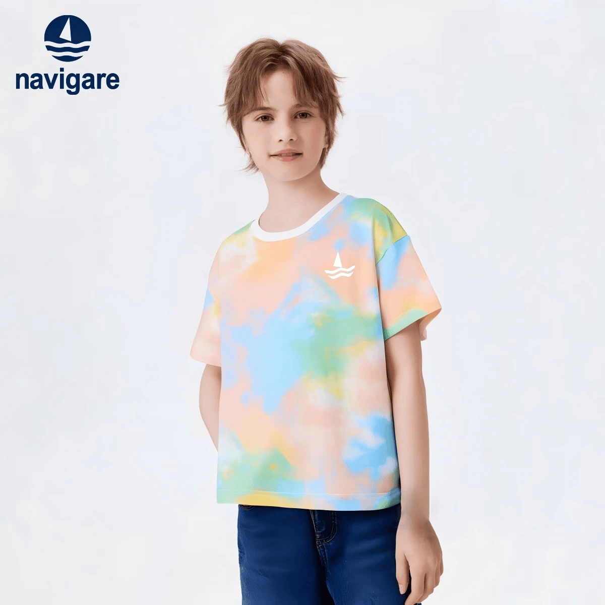 NAVIGARE【棉】意大利小帆船儿童短袖T恤男女童休闲上衣男童圆领扎染童装 黄蓝 140